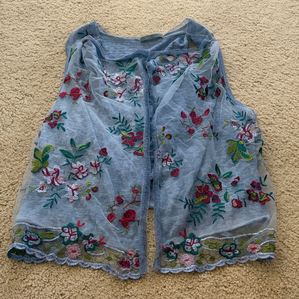 Lola Embroidered Sheer Top - Blue with Multicolor Floral